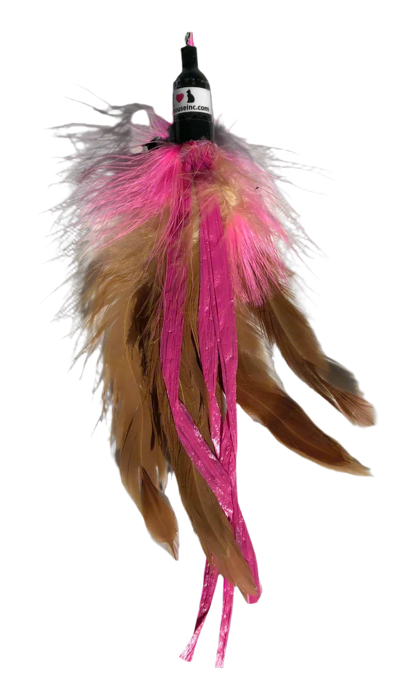 pink and brown feather cat toy attachment, variety of feathers and lengths, max is 6" long