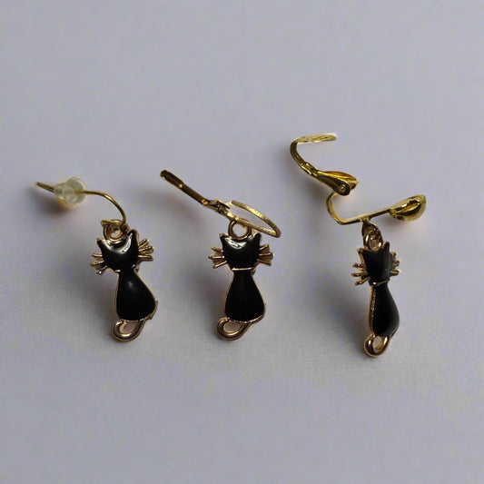 black and gold cat earrings available with hook, lobster claw and clip on