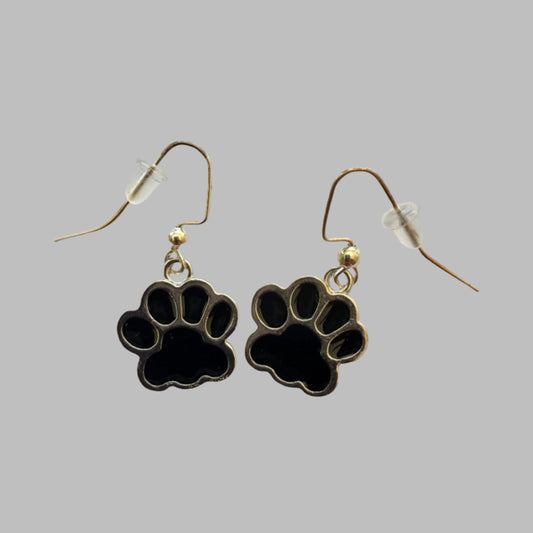 super cute cat show favourite, black paw print outlined in silver, hook,