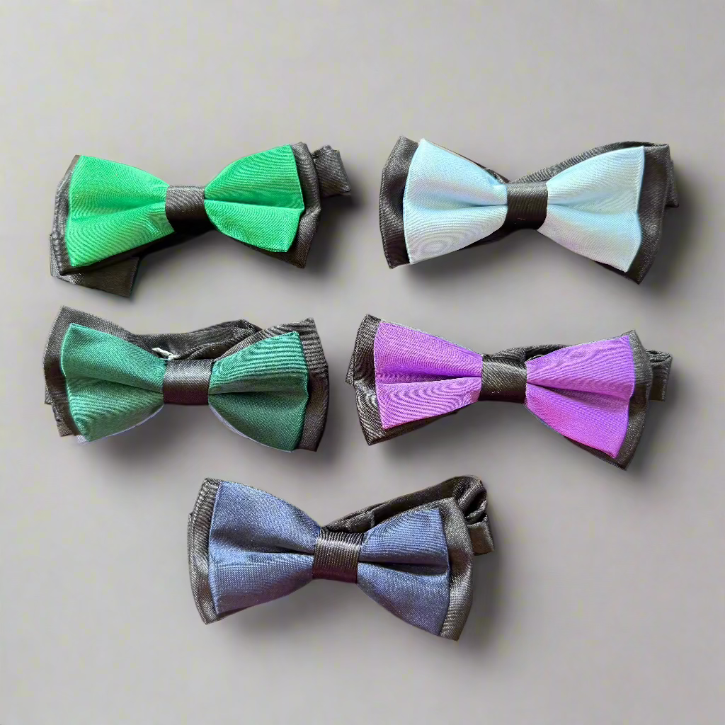 all five colours of the bow ties: green, forest green, light blue, purple and navy