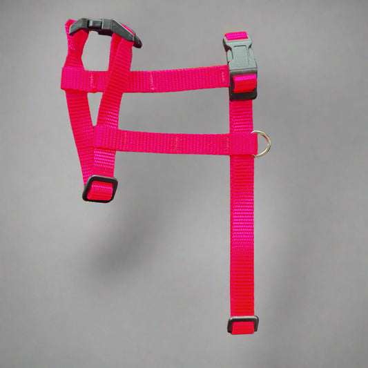 Double style harness with welded d-ring, wide webbing, strong buckles and stitching, made in Canada 🇨🇦 considered one of the best brands in the world! Hot pink is our favourite and also available in light blue, royal blue, purple, black and red.