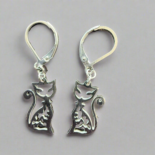 cutout earrings, stylized cat, silver colour, lever back