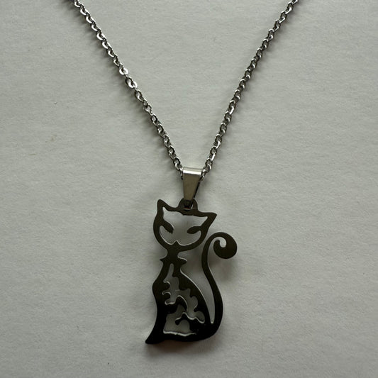 fancy cat necklace, curlicue tail, 9.5" adjustable chain, hypoallergenic, stainless steel