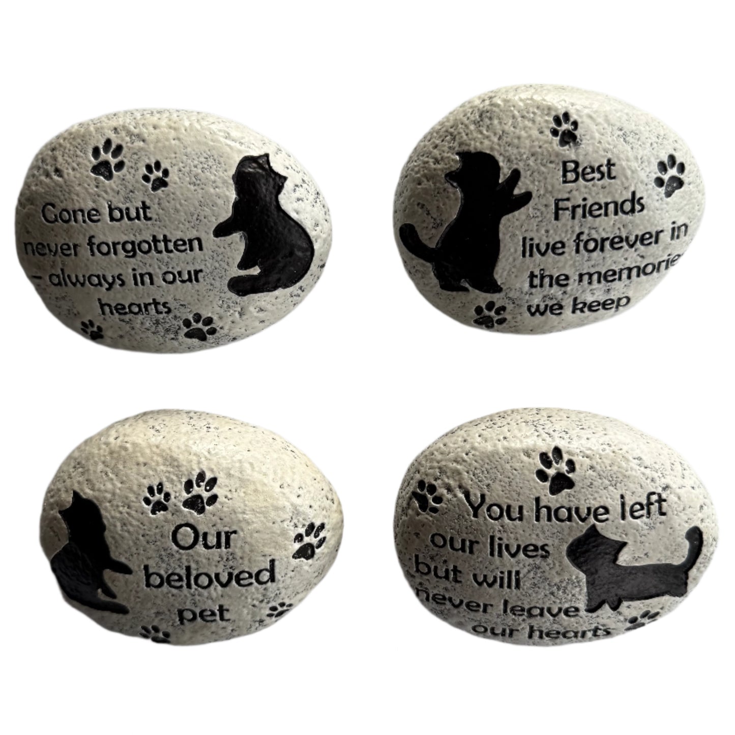 4 similar pet memorial garden stones, painted white with black cats and paw prints with individual messages