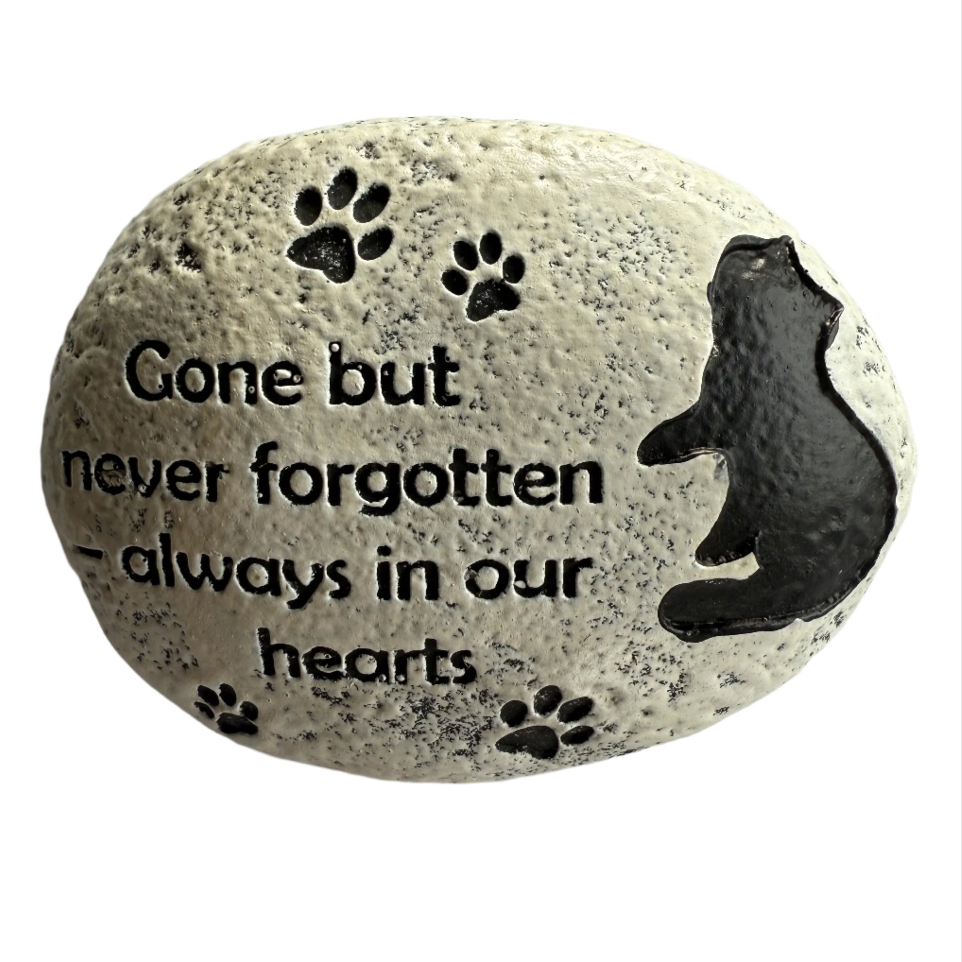 3.5" x 3" oval stone, painted white with black cat, paw prints and message that reads Gone but never forgotten – always in our hearts