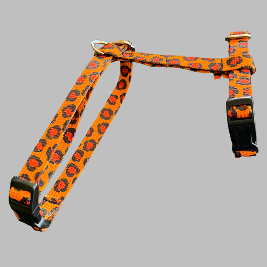 h-harness for cats and kittens, Canadian made with orange and black leopard print