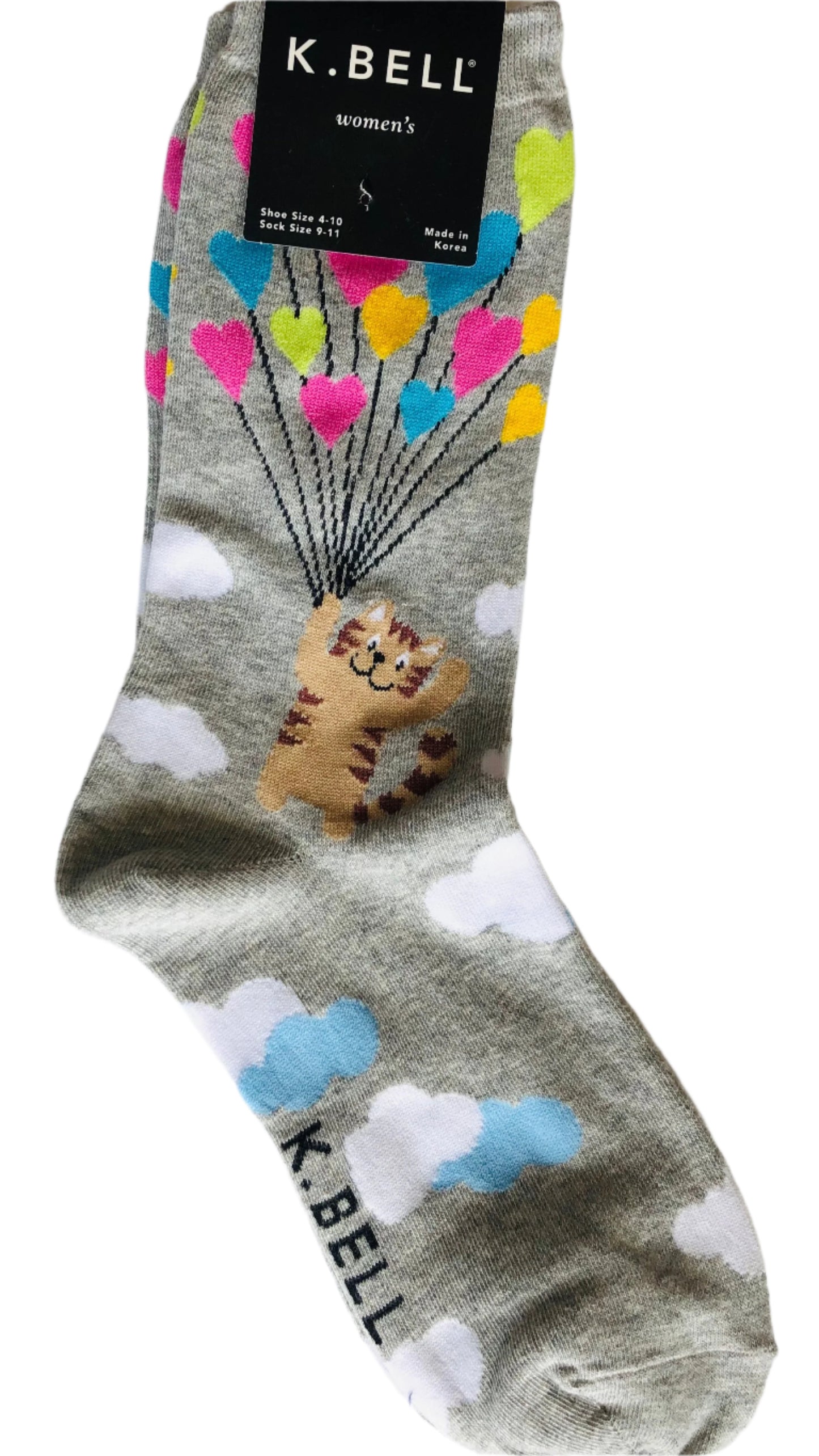 K Bell brand light grey crew socks with super cute cat floating through clouds with multicoloured heart shaped balloons