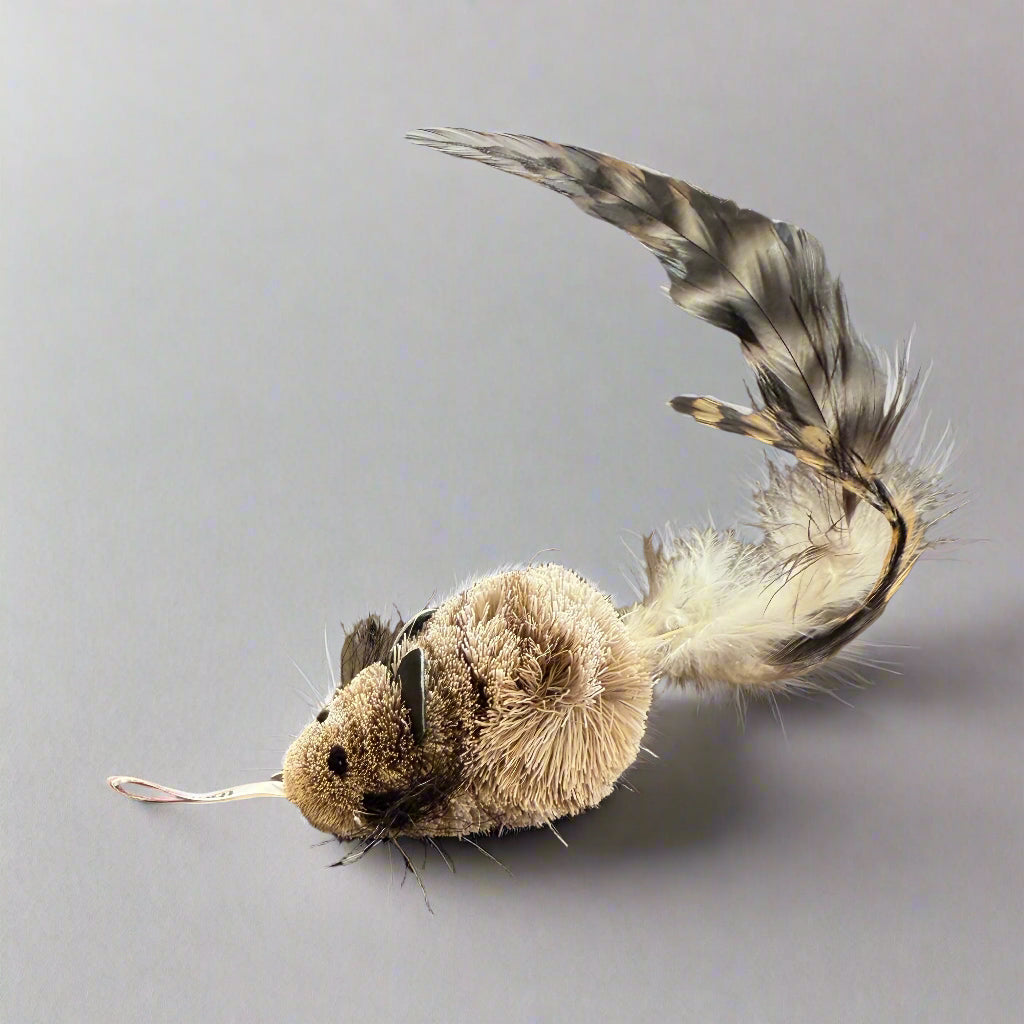 cat toy fur mouse about 2" body with 5" feather "tail", cute face, ears and whiskers!