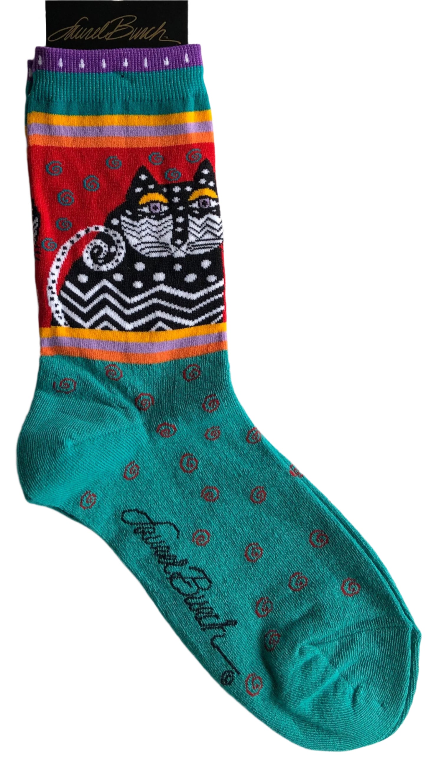 Laurel Burch black & white cat on red background with striped on top and bottom, iconic swirls to the toe, purple band