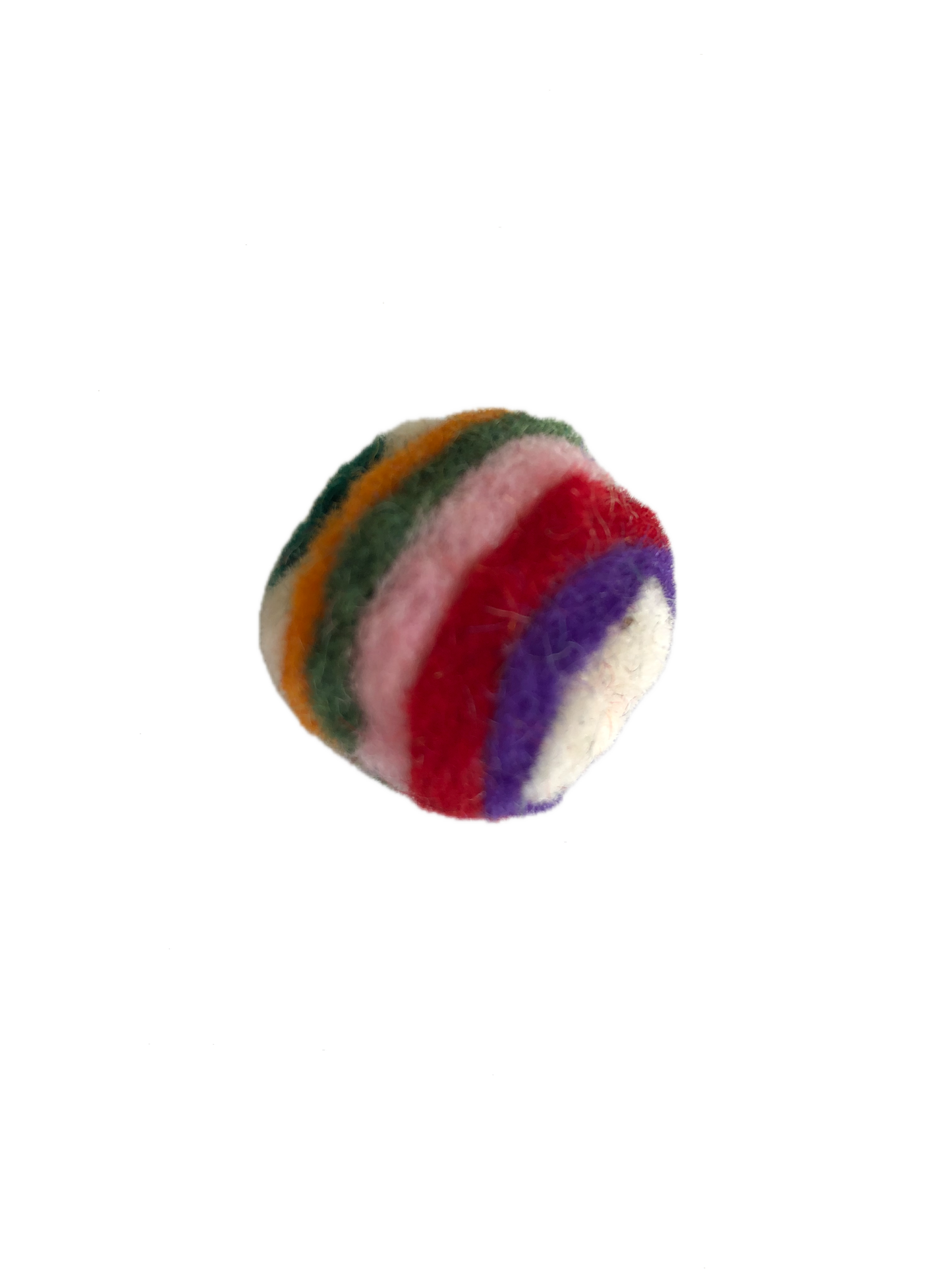 closeup of single layered wool ball, striped, come in a variety of multicolours, small enough for a cat to pick up with their mouth to carry or toss, just under an inch (2.5 cm) in diameter or a little bit bigger than a quarter