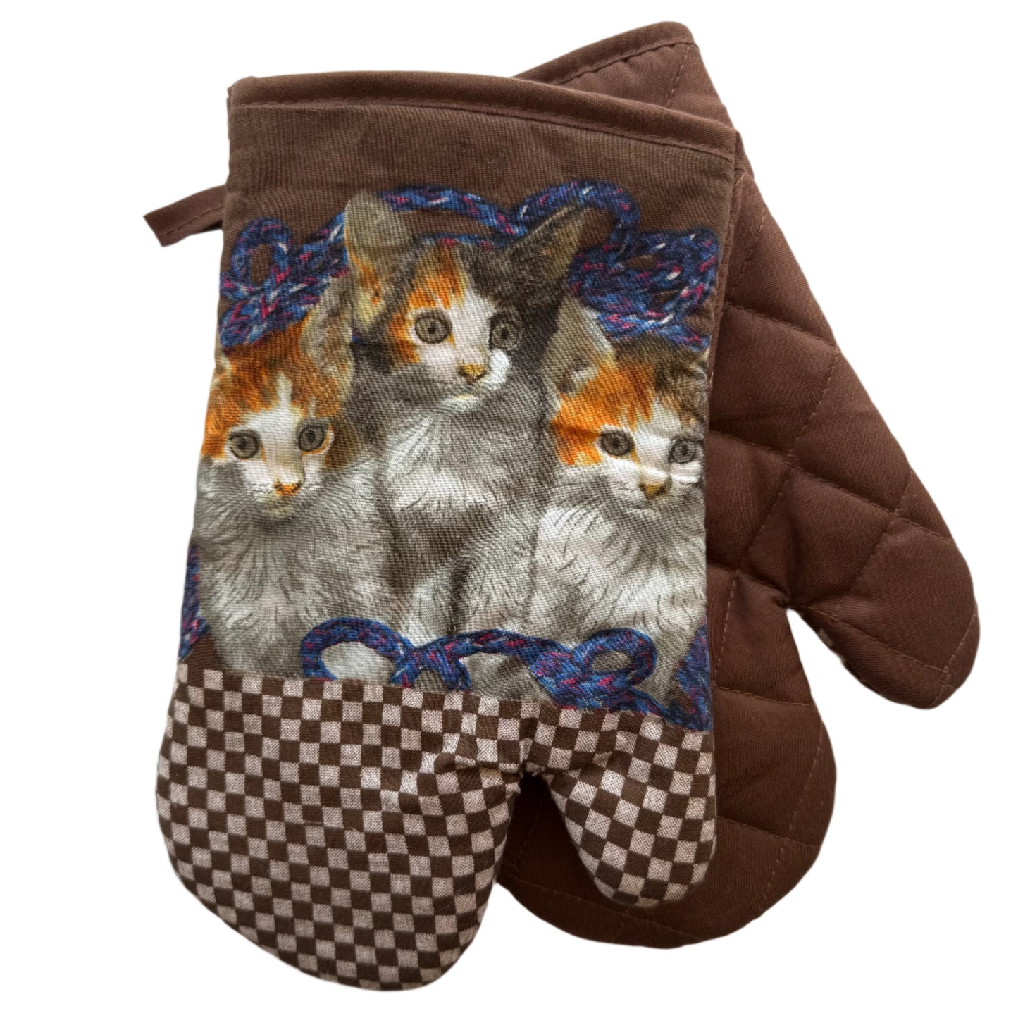 brown 100% cotton oven mitts with 3 cute realistic style kittens in orange, white and grey across the top of the oven mitt, checkerboard bottom