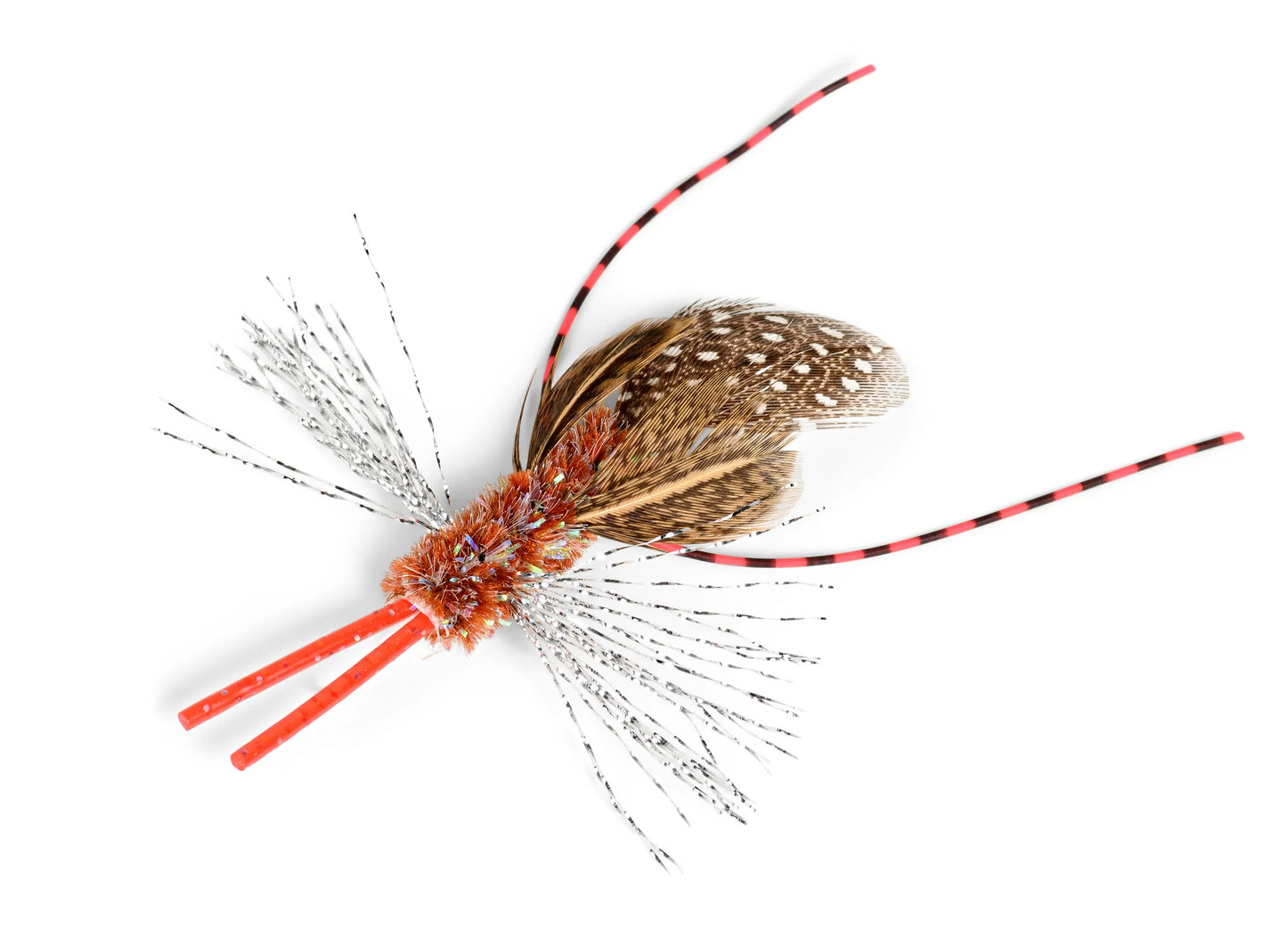 Wlld, freaky fun, slick looking bug! with orange and brown and spotted feathers. Flying, crawling this cat toy does it all! Cats and kittens will love bug hunting day (or night)! 3" long, synthetic and natural materials