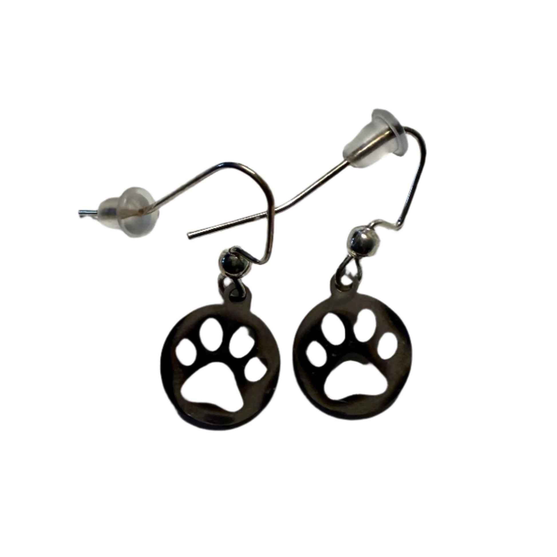 staff and cat show favourite, round silver colour earrings with paw print cutout, hook