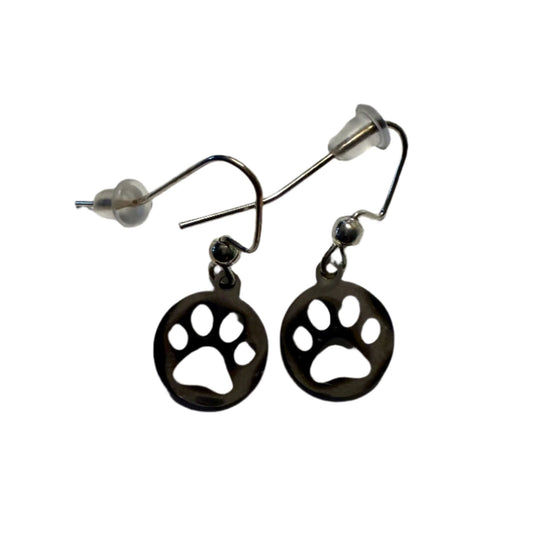 staff and cat show favourite, round silver colour earrings with paw print cutout, hook