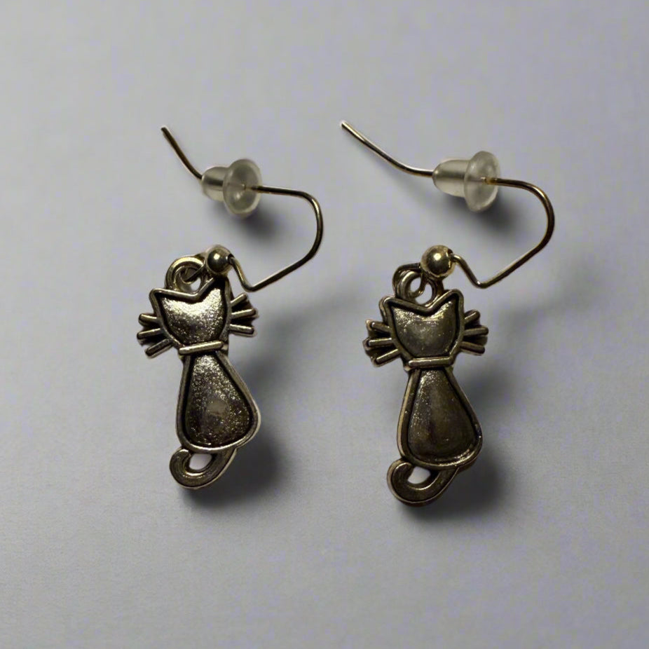cute silver cat dangly earrings with cute whiskers, comfortable and easy to wear hook