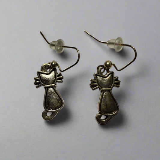 cute silver cat dangly earrings with cute whiskers, comfortable and easy to wear hook
