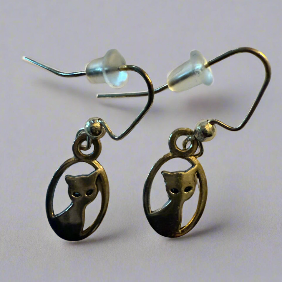 cute oval earrings with cat cutout, silver colour, hook, cat show special