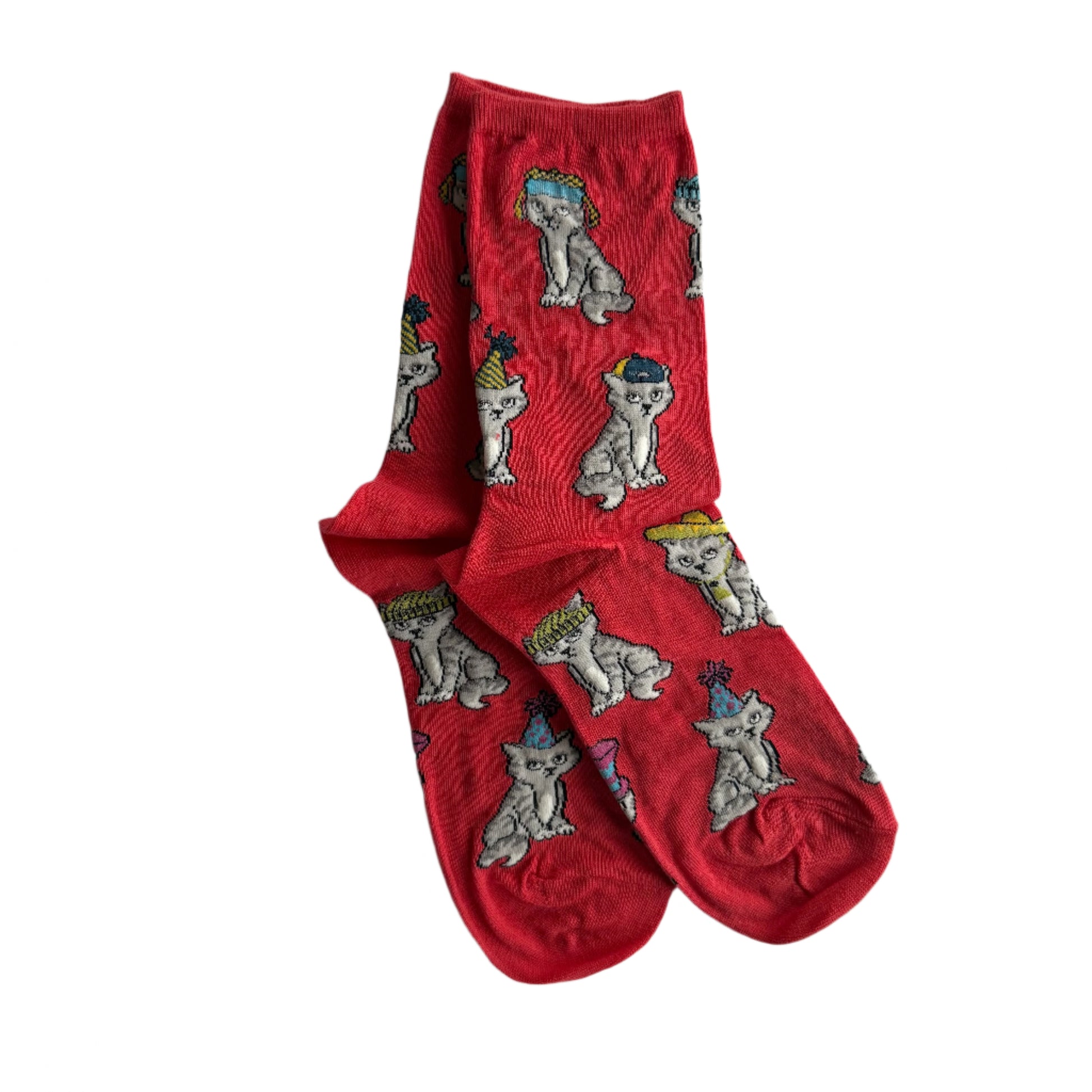 super cute women's crew socks in muted red with cute white and grey cats with hats