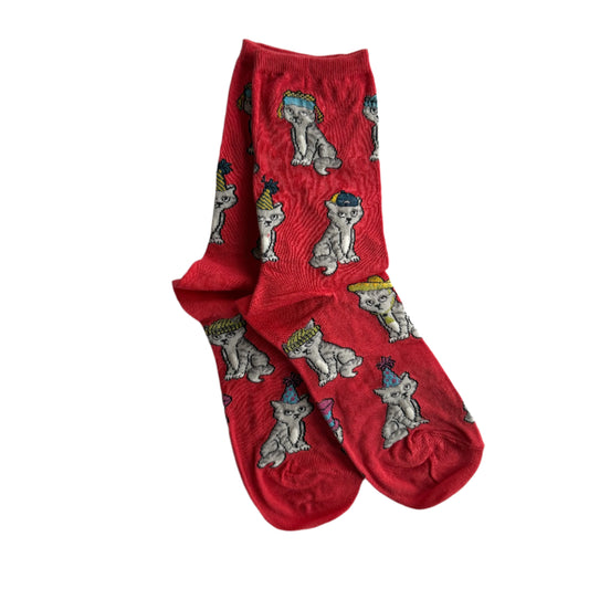 super cute women's crew socks in muted red with cute white and grey cats with hats