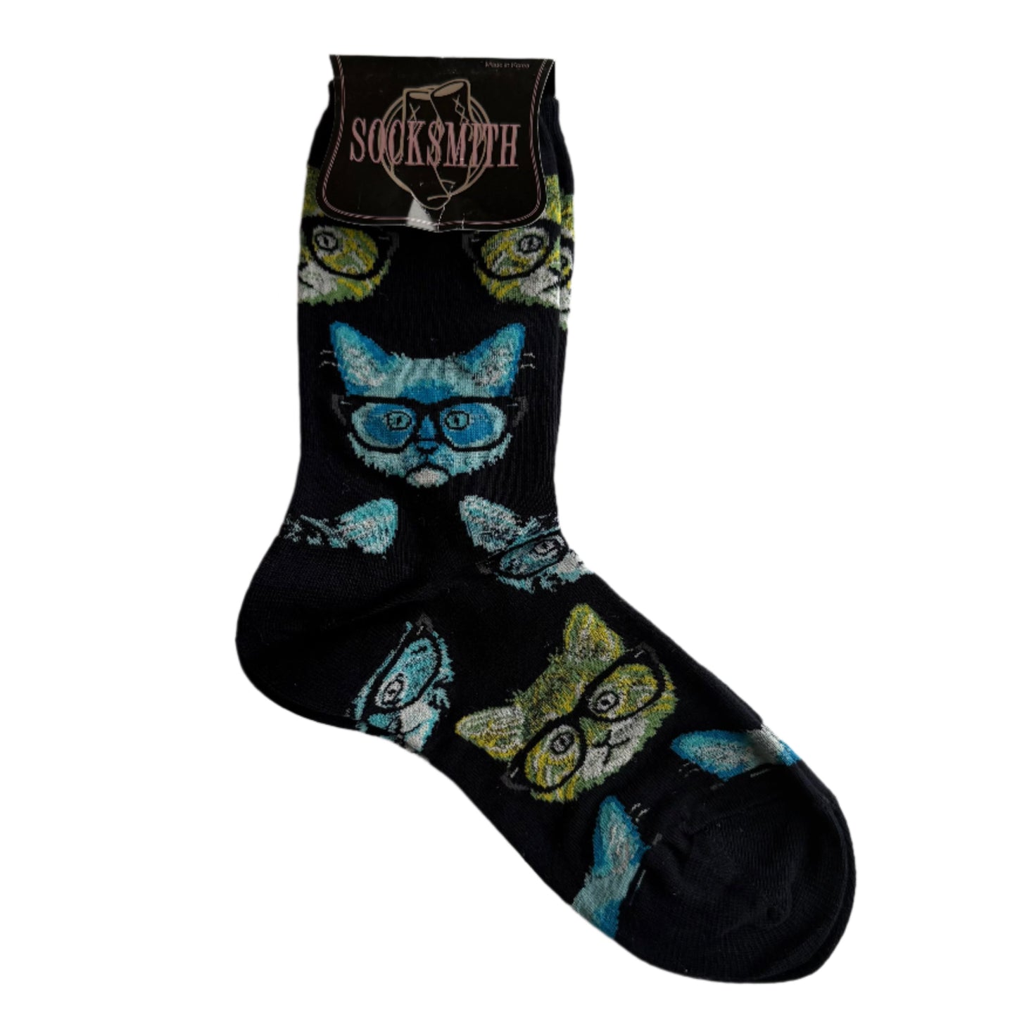 cute blue and green kitties with glasses on navy background sock