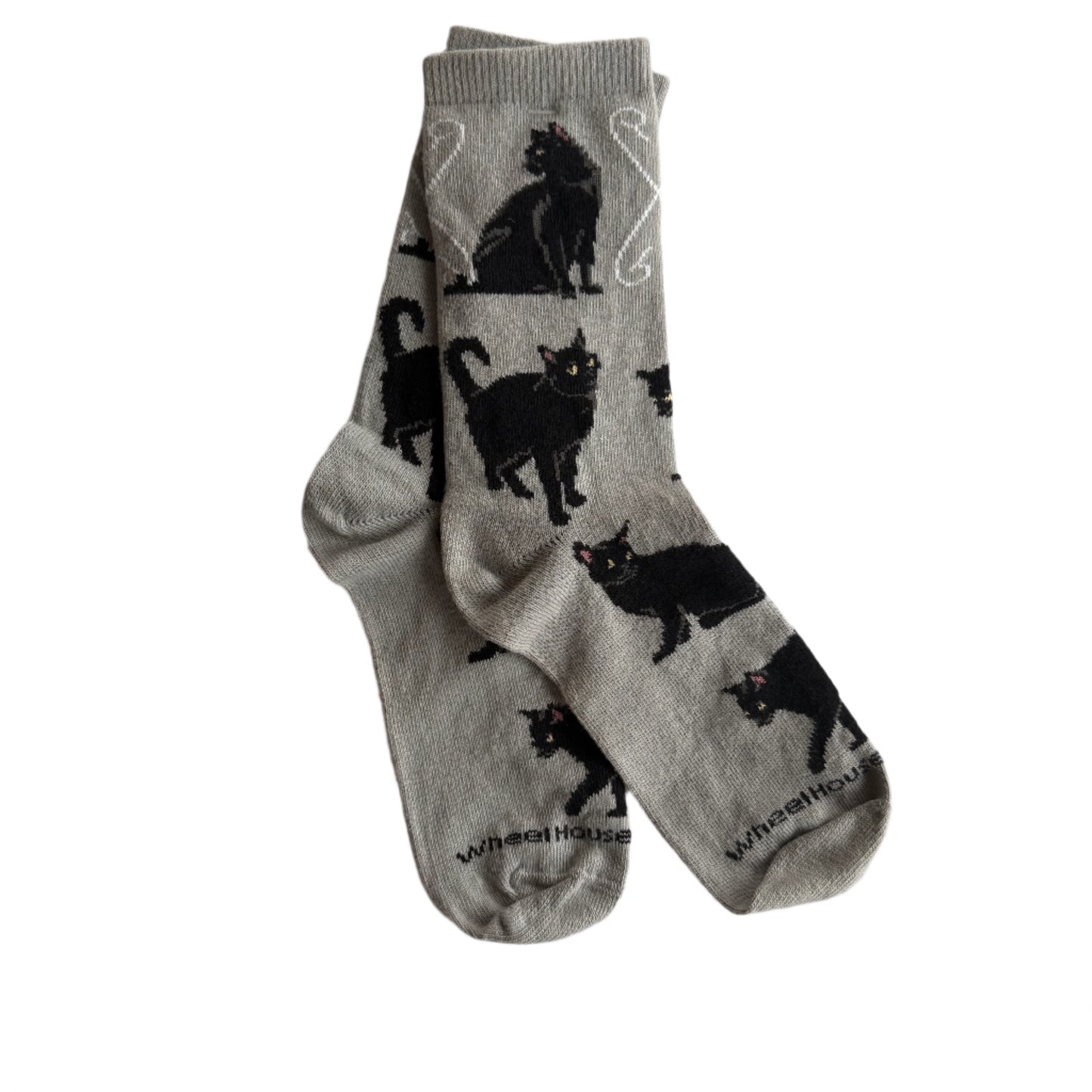 light grey socks with black cat walking, sitting, super cute with pink ears