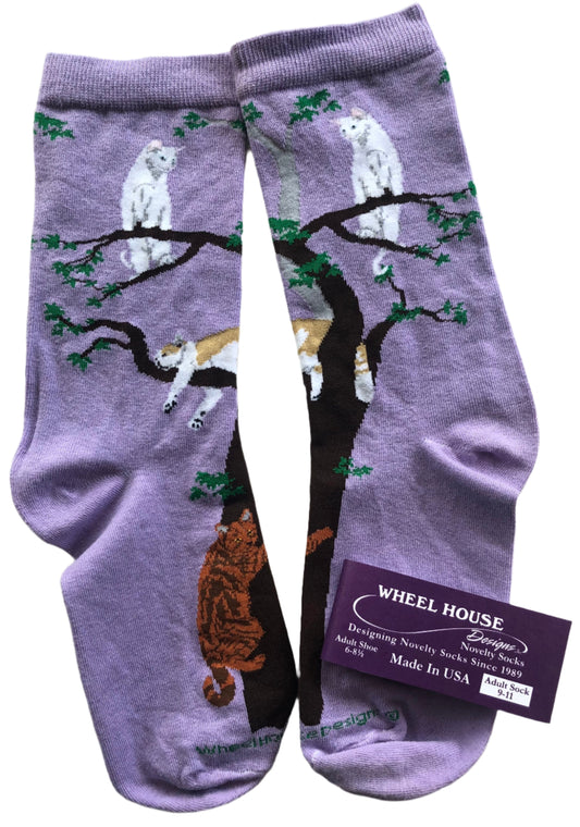 beautiful lilac crew socks with 3 different cats lounging in a tree