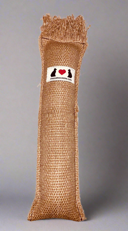 handmade burlap "bopper" cat toy contains natural honeysuckle wood sawdust and premium organic catnip - 3" x 12"