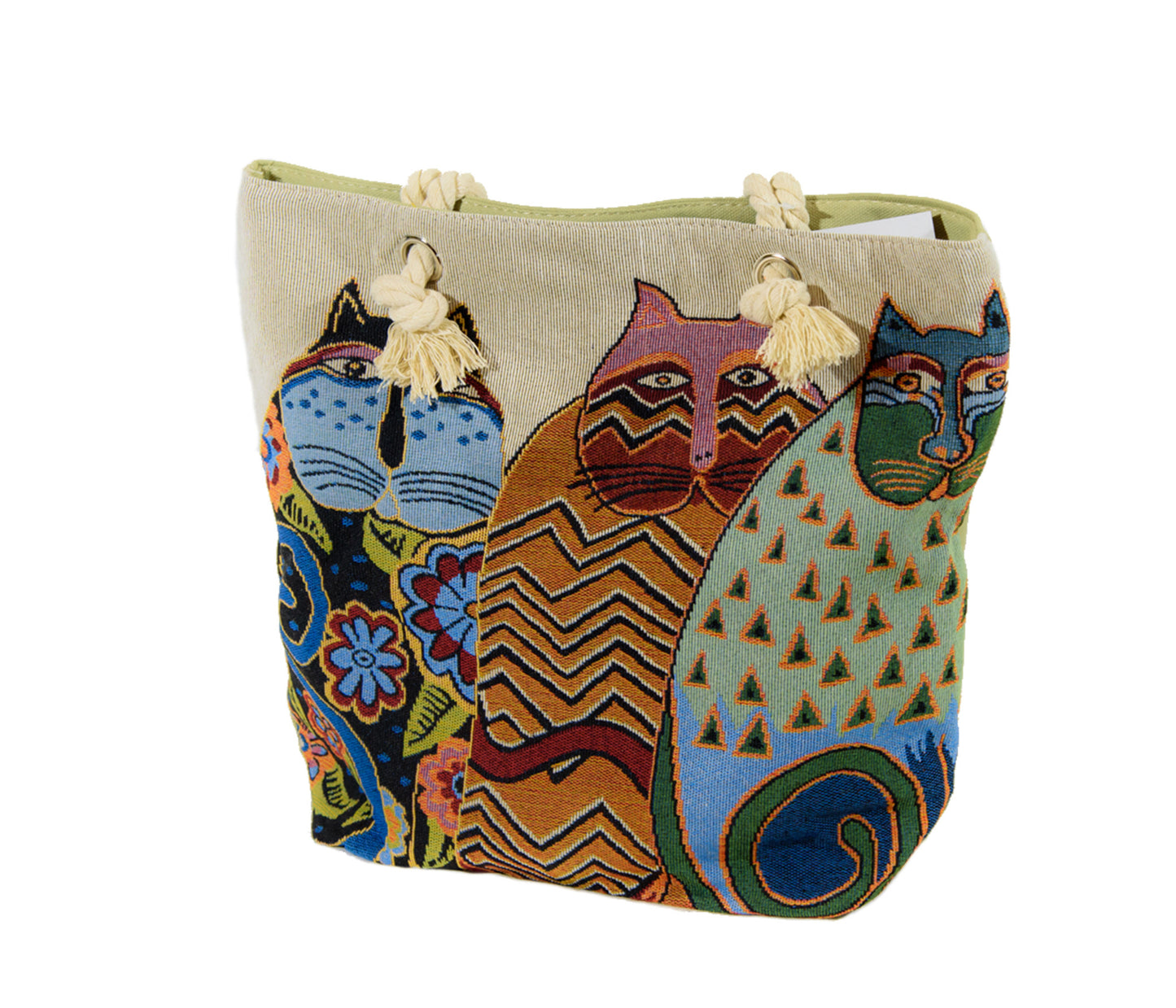 3 iconic Laurel Burch cats on one side, sage green on the other; available in a variety of colours including black, red and turquoise. Sturdy and well-made with inside pocket. Measures 17” x 14”.