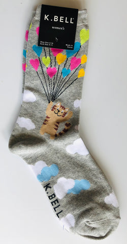 Socks - K. Bell Women's Cool Cat Socks – cat with balloons crew sock