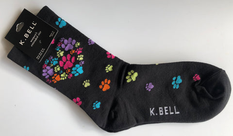 Socks - K. Bell Women's Cool Cat Socks – multicoloured cat paw print crew sock