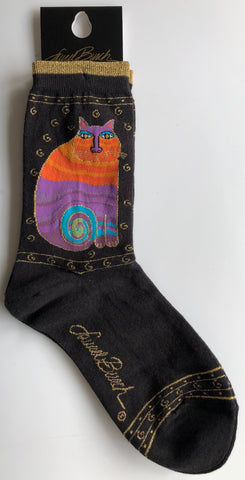 Socks - Laurel Burch Women's Socks – multicolour cat with gold trim crew socks