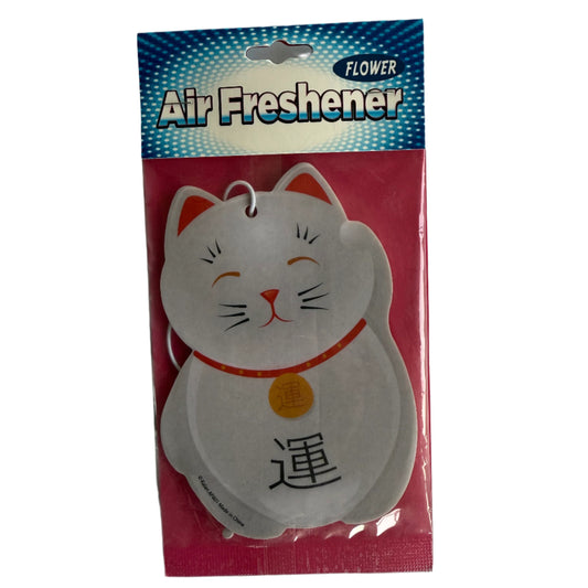 vehicle air freshener cut out with lucky cat, flower scent, string loop to hang