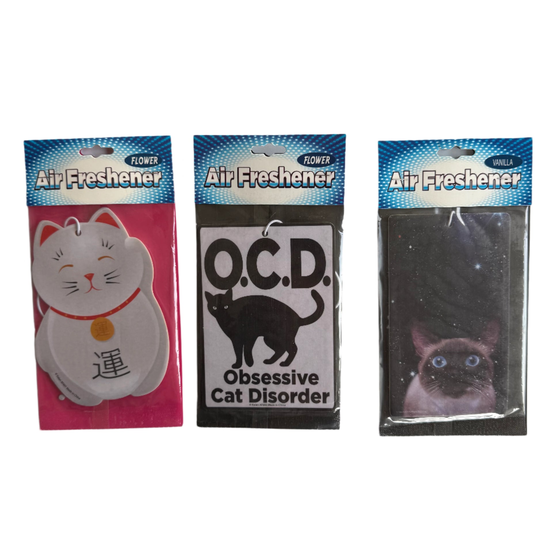 3 styles of vehicle air fresheners, string loop to hang