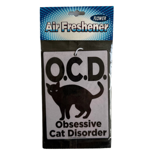 air freshener with OCD cat, vanilla scent, string loop to hang