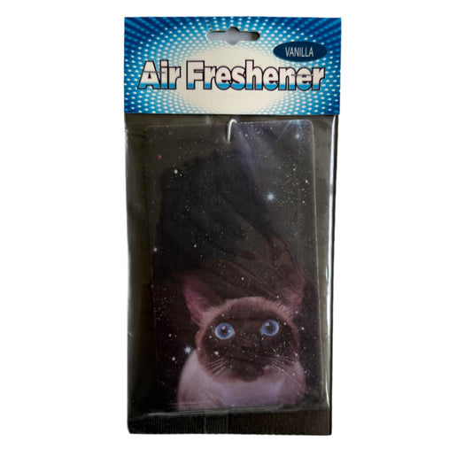 vehicle air freshener with siamese cat in space, vanilla scent, string loop to hang