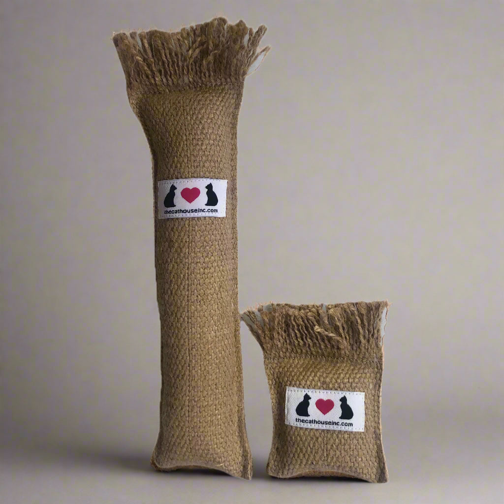 burlap with fringe cat toys in 2 sizes – large is burlap bopper or smaller burlap square – filled with honeysuckle and catnip, bestsellers