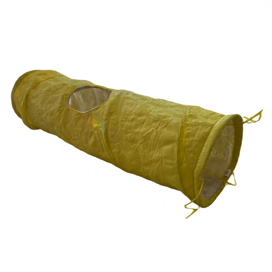 Collapsible cat tunnel lined with fleece, yellow on the outside. Our test cats love the tunnels and can't leave it alone! 
34" long, 10" diameter, easily collapses,
synthetic