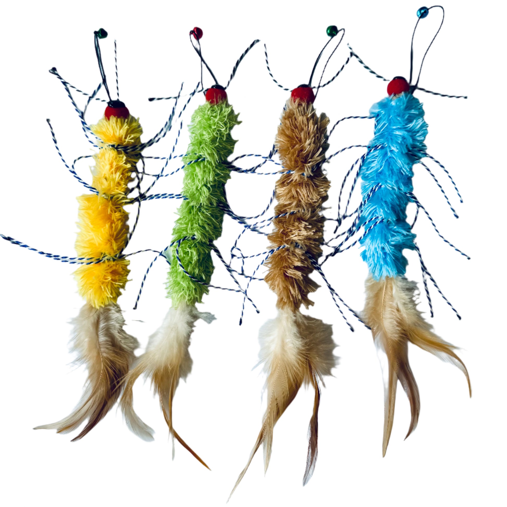 8.5" tip to tail, about half of that are the feather tail,  about 1" wide, variety of colours including yellow, green, brown and baby blue, blue & white stripped cord "legs"
