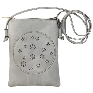 cross body cel phone bag in light grey with cute paw print design on the front, pocket on the back, zipper close.