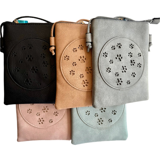 cross body cell phone bag shown in 5 available colours: black, beige, grey, pink and blue