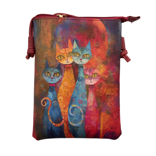 cute cross body cell phone bag with multicoloured graphic cats – 1/2" larger than our other cross body cell bags and accommodates iPhone 16 Pro Max size – base colour red with multicolour cats, strap is red