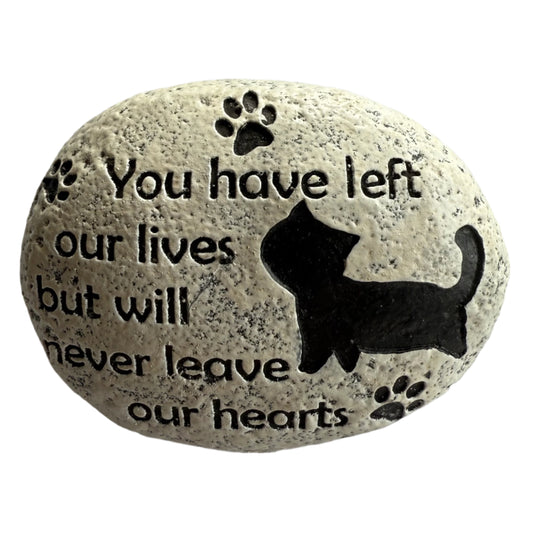 3.5" x 3" oval stone, painted white with black cat, paw prints and message that reads You have left our lives but will never leave our hearts