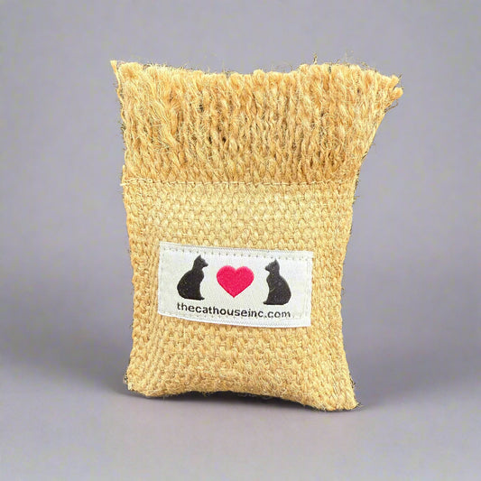 handmade burlap pouch filled with mix of honeysuckle and catnip, 2.5" x 4"