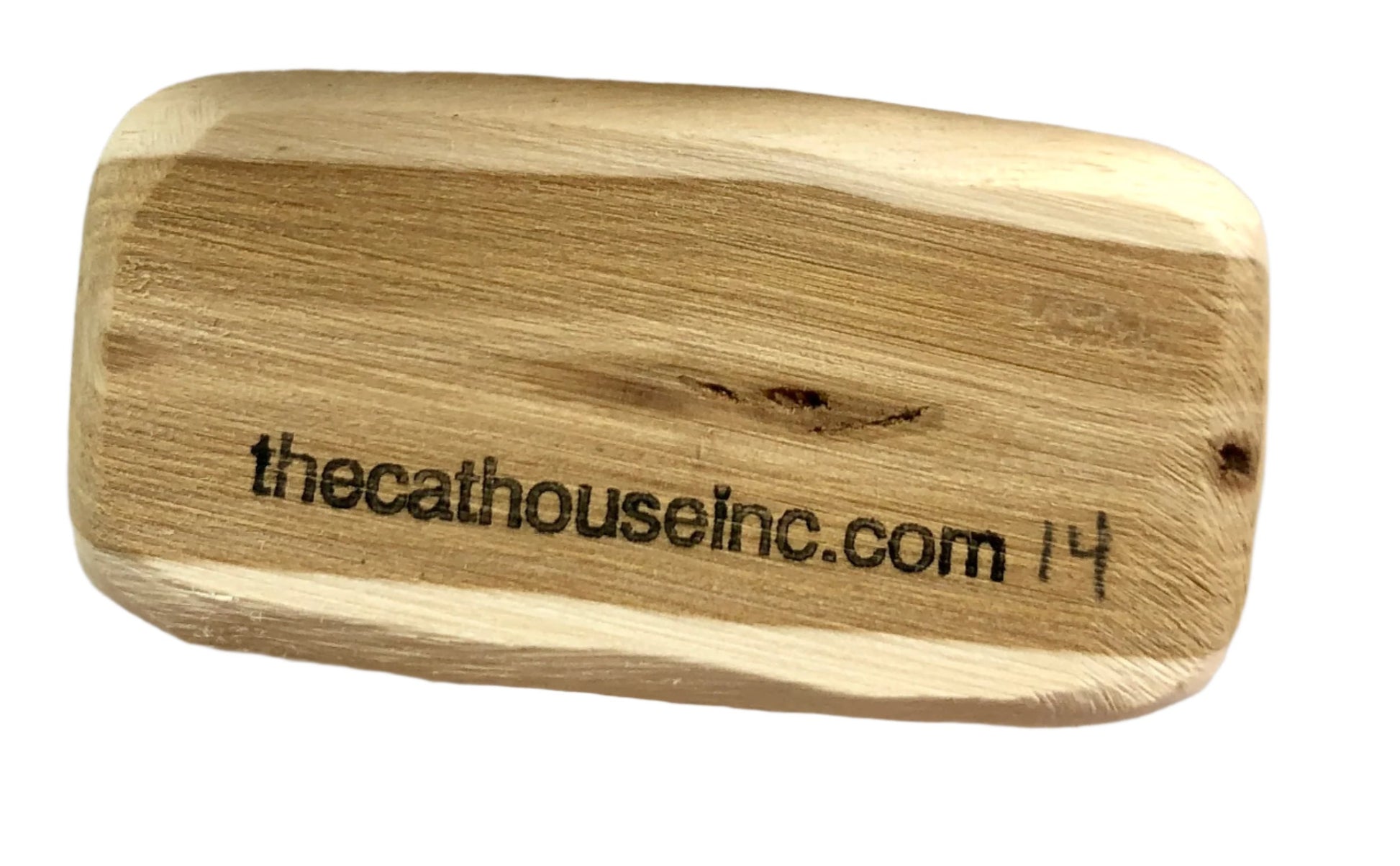 closeup of 14g single honeysuckle wood chunk, 3D with rounded back showing 1 exposed surface with woodgrain 