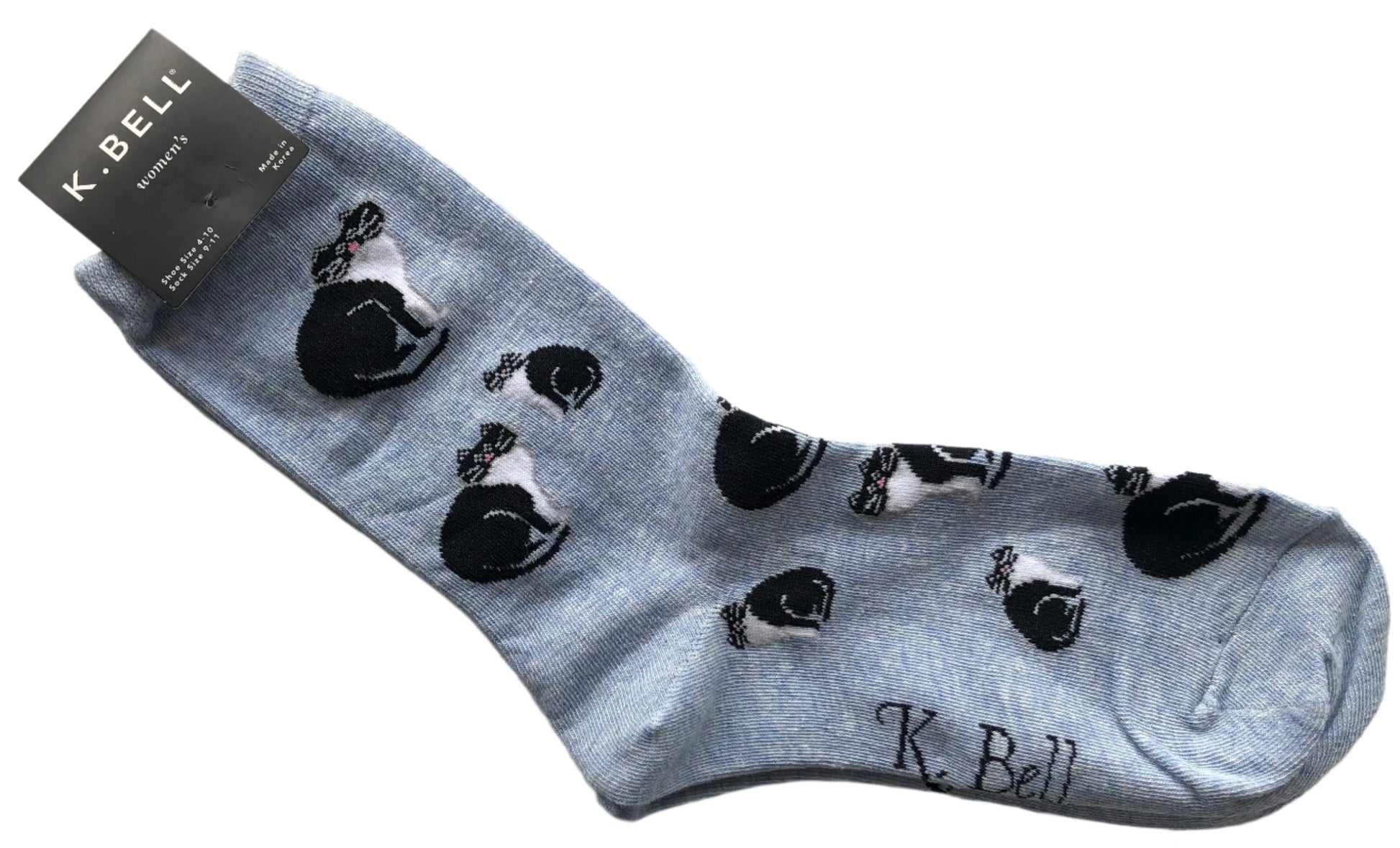 light demin blue crew socks with 8 black & white cats all over in various sizes