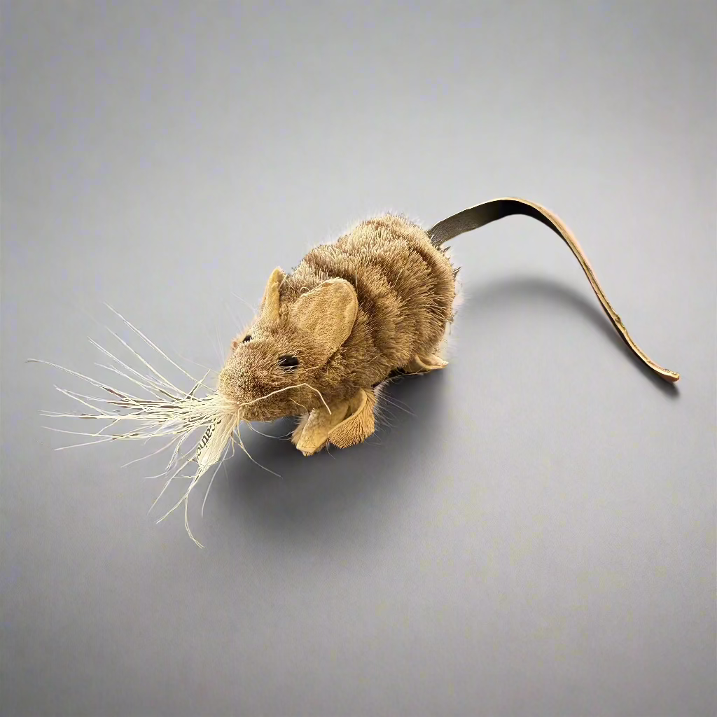 bestselling cat toy fur mouse about 2" body with 4" leather tail, cute face, ears and whiskers! 
