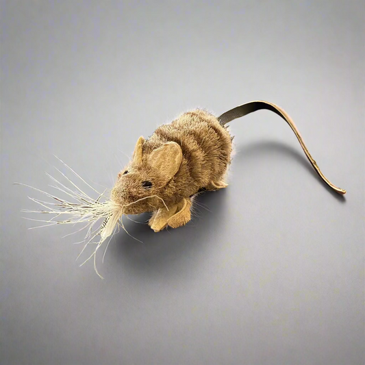bestselling cat toy fur mouse about 2" body with 4" leather tail, cute face, ears and whiskers! 