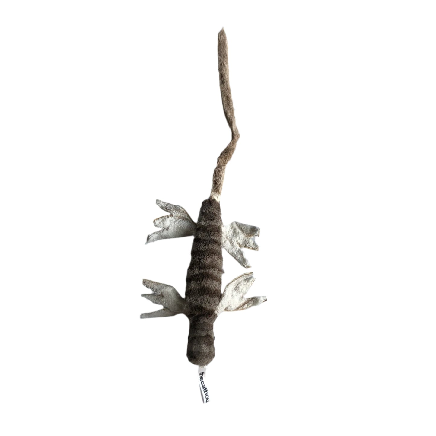 cat toy that looks like a lizard, lightweight variety of sizesl, made from sheared deer fur