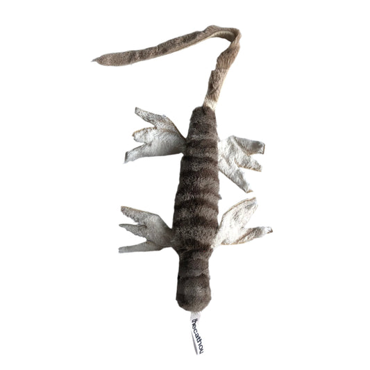 cat toy that looks like a lizard, lightweight, variety of lengths and sizes,  made from sheared deer fur
