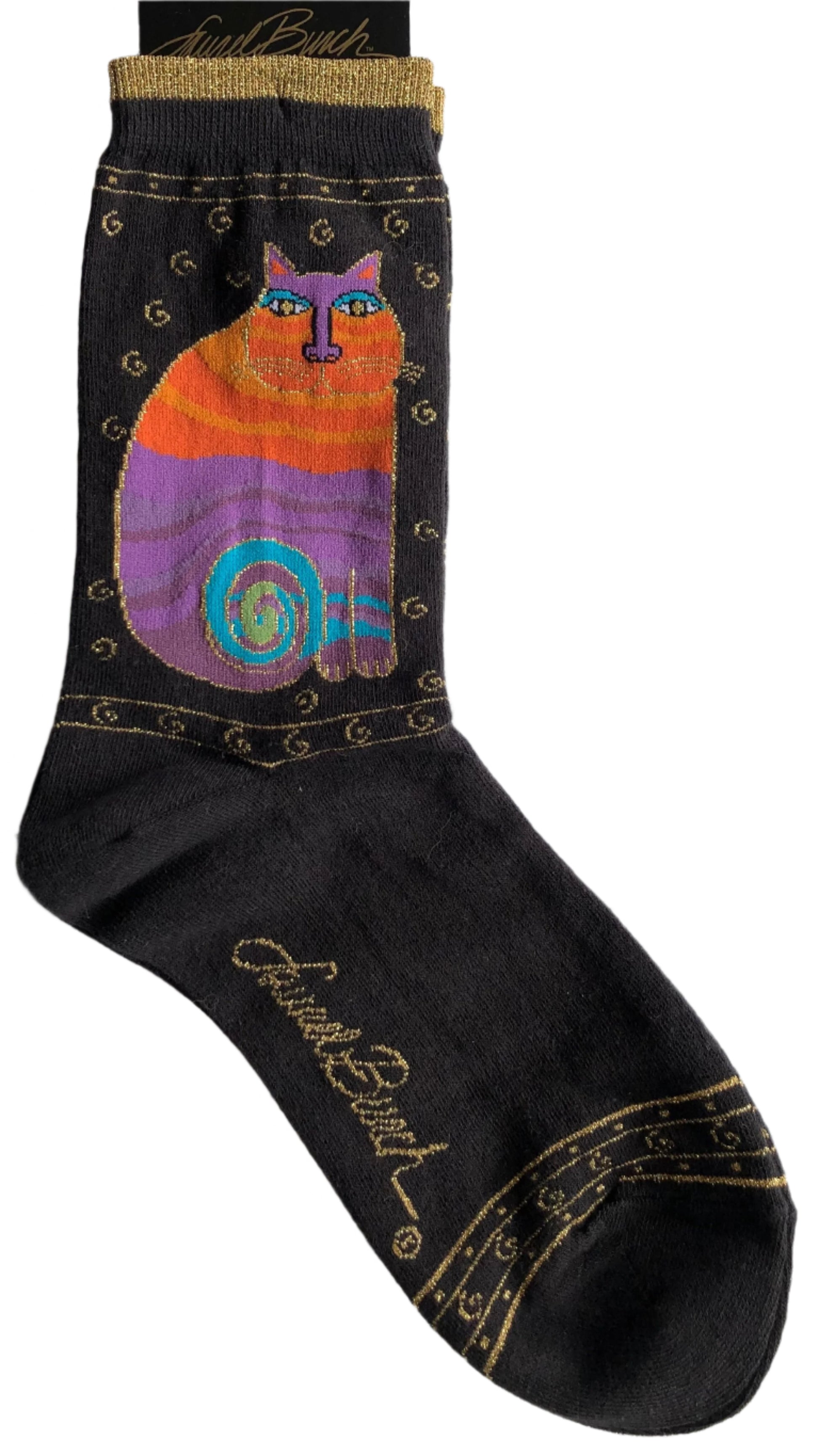 black Laurel Burch crew socks with gold trim and iconic cat in orange/lilac/turquoise, iconic gold swirls